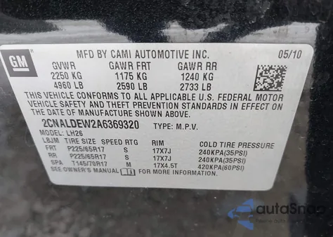 2010 Chevrolet Equinox Lt z USA, uszkodzony, nr VIN 2CNALDEW2A6369320